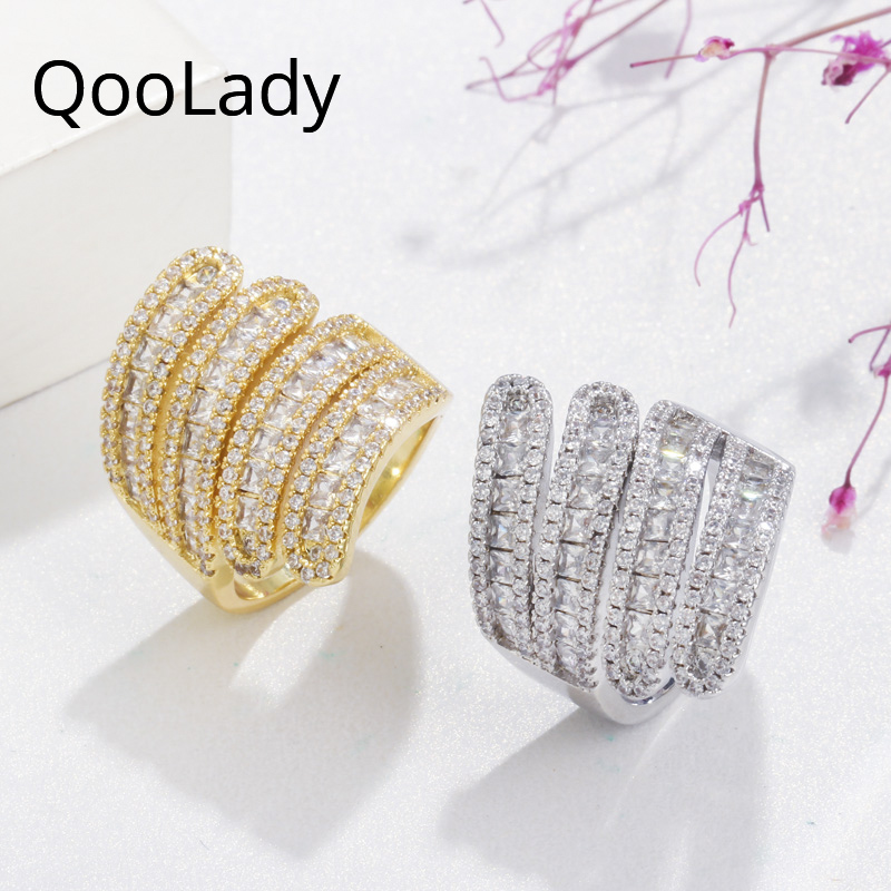 

QooLady Gorgeous Bridal Wedding Accessories Gold Open Adjustable Wide Rings Trendy White Cubic Zirconia Party Women Jewelry F057