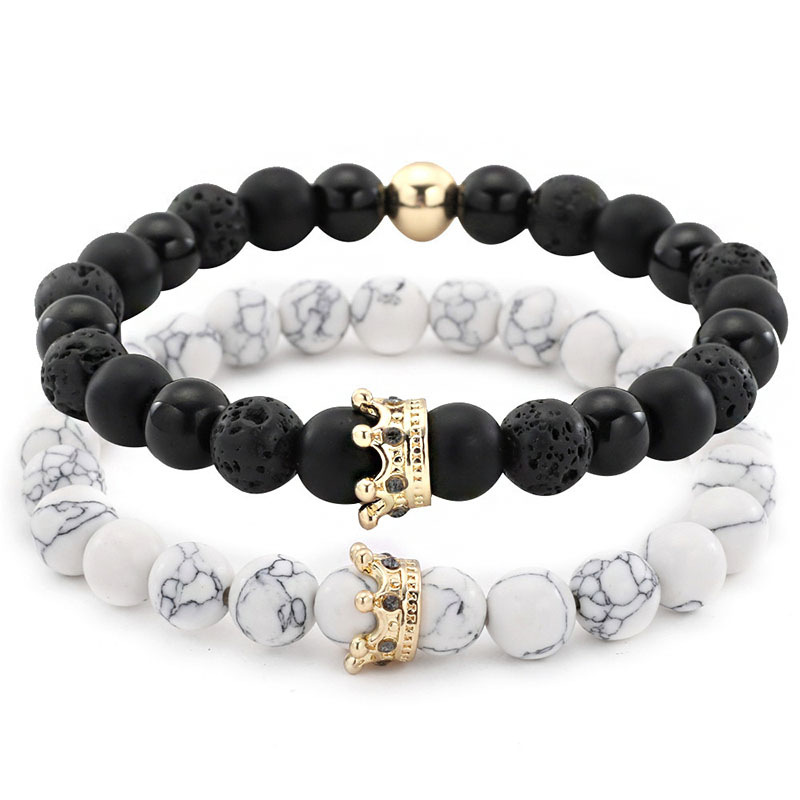

jingzeyi hot sale fashion explosion model natural White volcanic stone black mixed with micro-inlaid crown bracelet bangles set