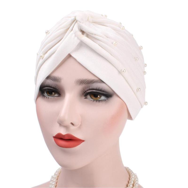 

Women India Hat Muslim Ruffle Cancer Hat Pearl Beanie Cap 17Nov12, Beige