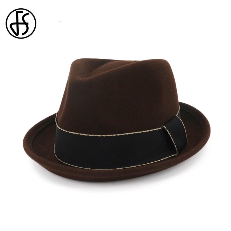 

FS Brown Wool Felt Hat For Women Vintage Elegant Classic Fedora Top Hats For Men Britsh Style Bowler Cap With Ribbon Fall, Red fedora hat