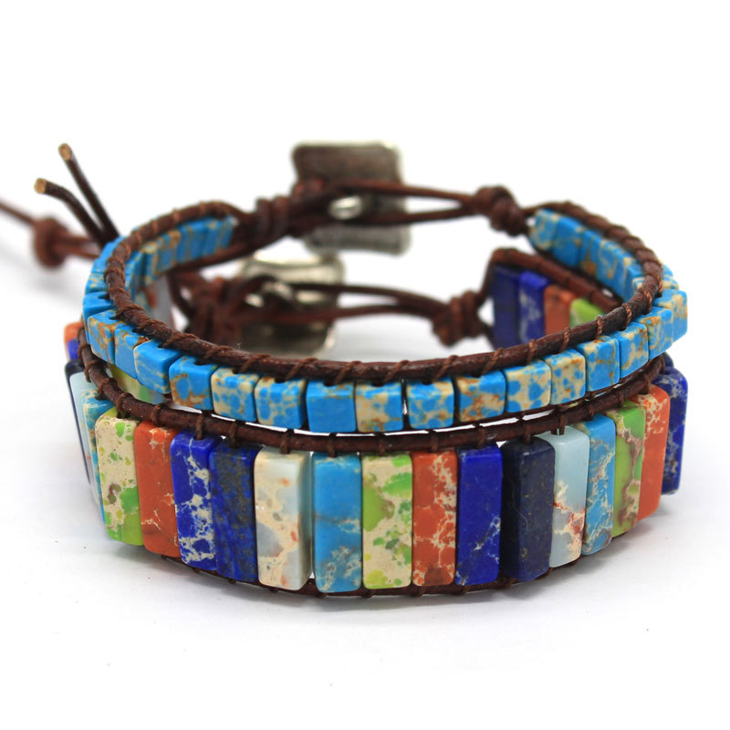 

Natural stone hand-woven bracelet boho eco-friendly leather rope colorful chakra couple energy stone men and women jewelry