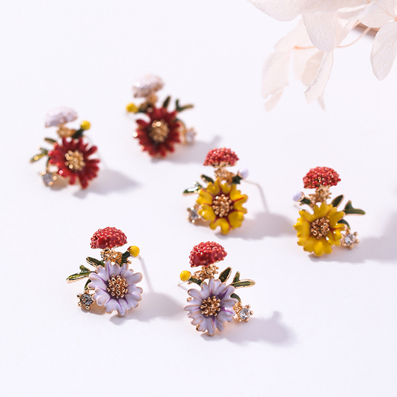 

Korean Sweet Flower Forest Stud Earrings Enamel Drop Oil Vintage Rhinestone Earrings For Women Girl Ins Hot Jewelry