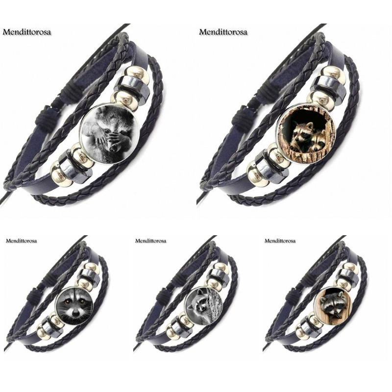 

EJ Glaze Jewelry Black Leather Bracelet Bangle Jewelry Crystal Gift For Kids Beads Retro Wild Animal Raccoon