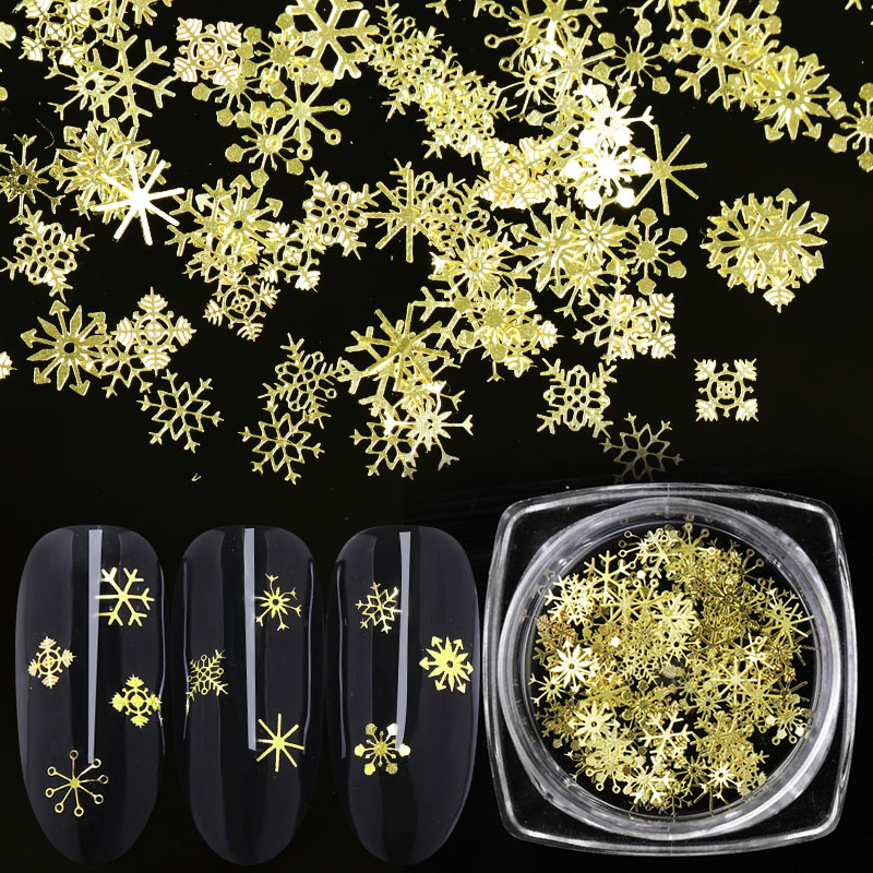 

1 Box Snowflakes Slices Nails Glitter Decorations AB Flakes Sequins Paillette Spangles Gold Metal 3D Nail Accessories