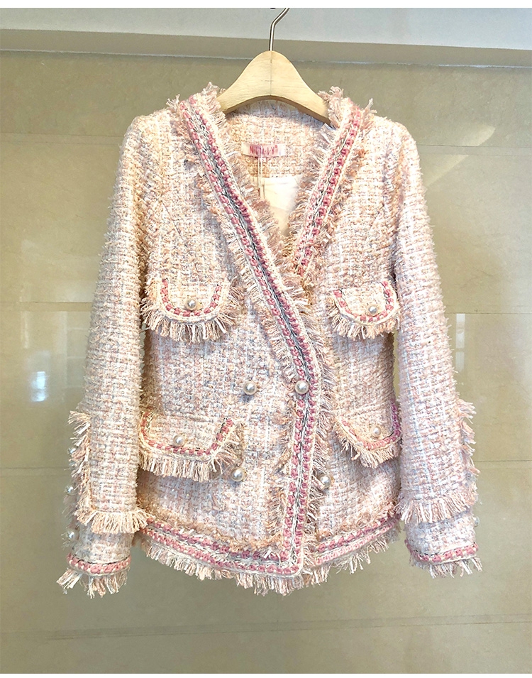 

2020 new women' luxury pink color long sleeve tweed woolen tassel fringe double breasted thickening coat casacos