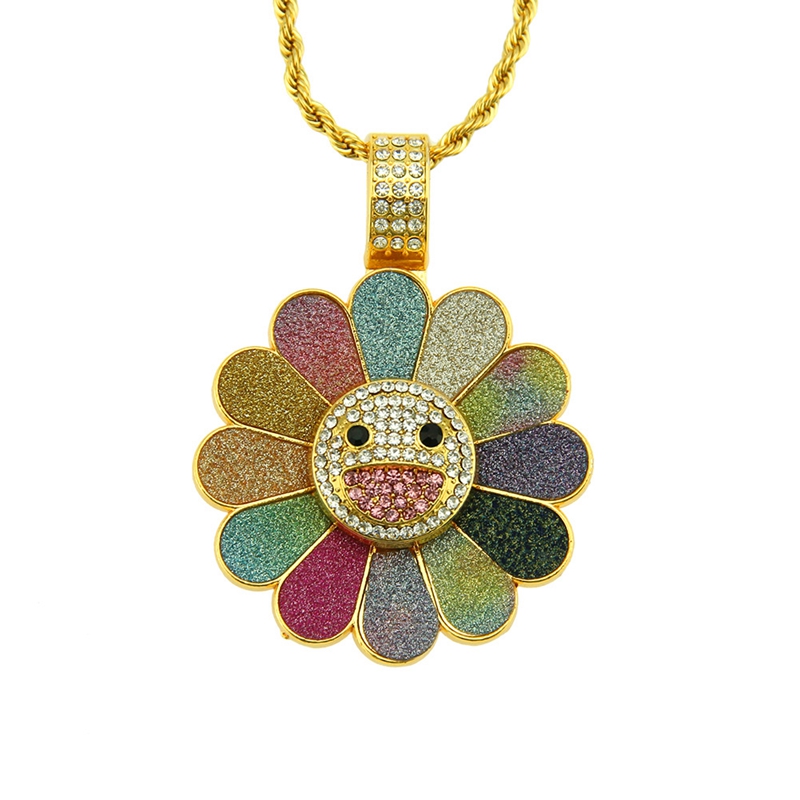 

1PCS Rotatable Flower Pendant Necklace Crystal Zircon Hip Hop Jewelry With Chain Necklace Punk Rock Exaggerated Jewelry Gift