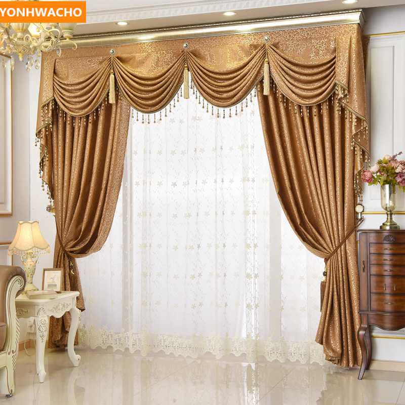 

Custom curtains European luxury upscale living room balcony bay window brown cloth blackout curtain tulle valance drapes N860, Tulle sheer