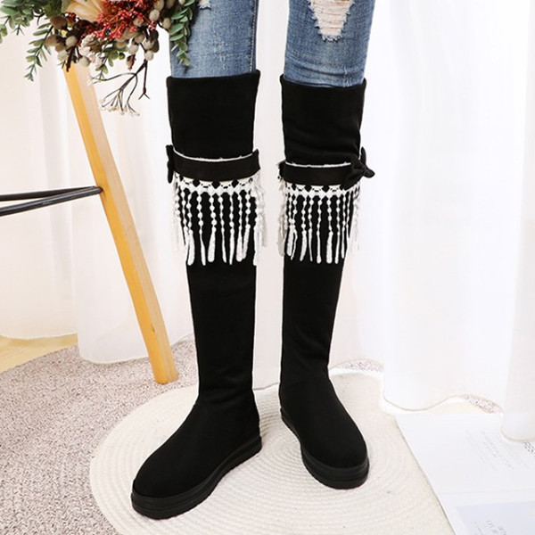 

PXELENA Bow knot Girls Sweet Thigh High Boots Flat Comfort Slim Slip On Over The Knee Boots Women Shoes 2020 Autumn Winter 34-43, -6 tassel autumn