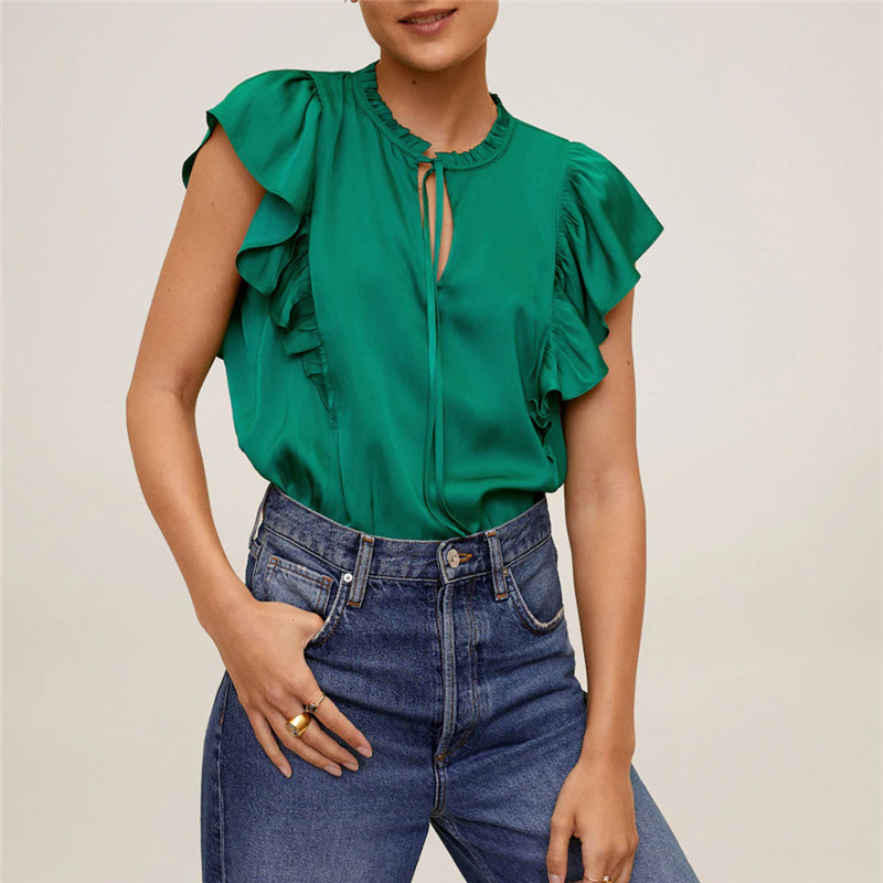 

2020 Flowy Green Summer Shirt Women V-neckline with Ties Ruffle Shirts Elegant Loose Woman Blouse Harajuku