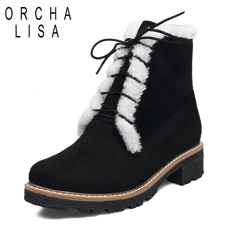 

ORCHA LISA Women Boots Snow Warm Winter boots lace up shoes woman Botas Mujer Fur Ankle sapatos zapatos mujer, Black