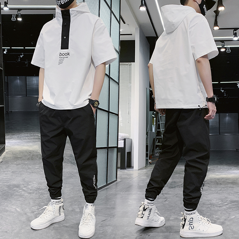 

Korean Male Summer t-shirt+Pants Two-piece Suit Casual Sportswear Man's Sets New Streetwear 2020 Tracksuit Men Hip Hop Suits, Black