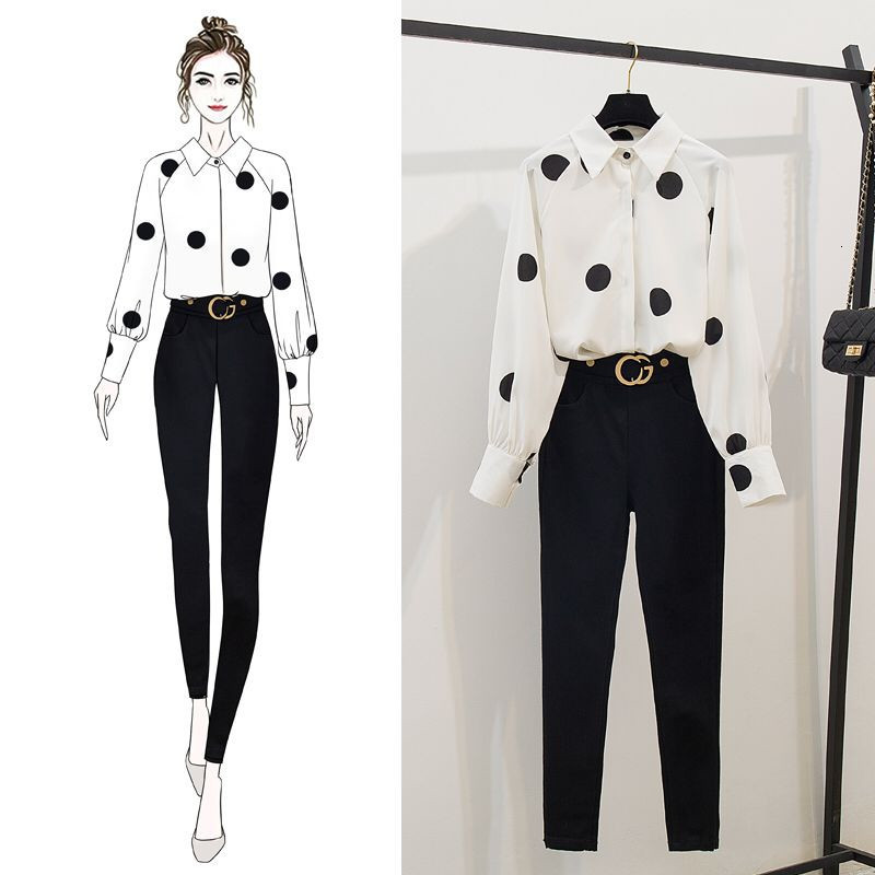 

2020 atutmn Women Long Sleeves Dot Shirts+Slim Pants 2 piece set women Female Fashion Suits two piece set, Black
