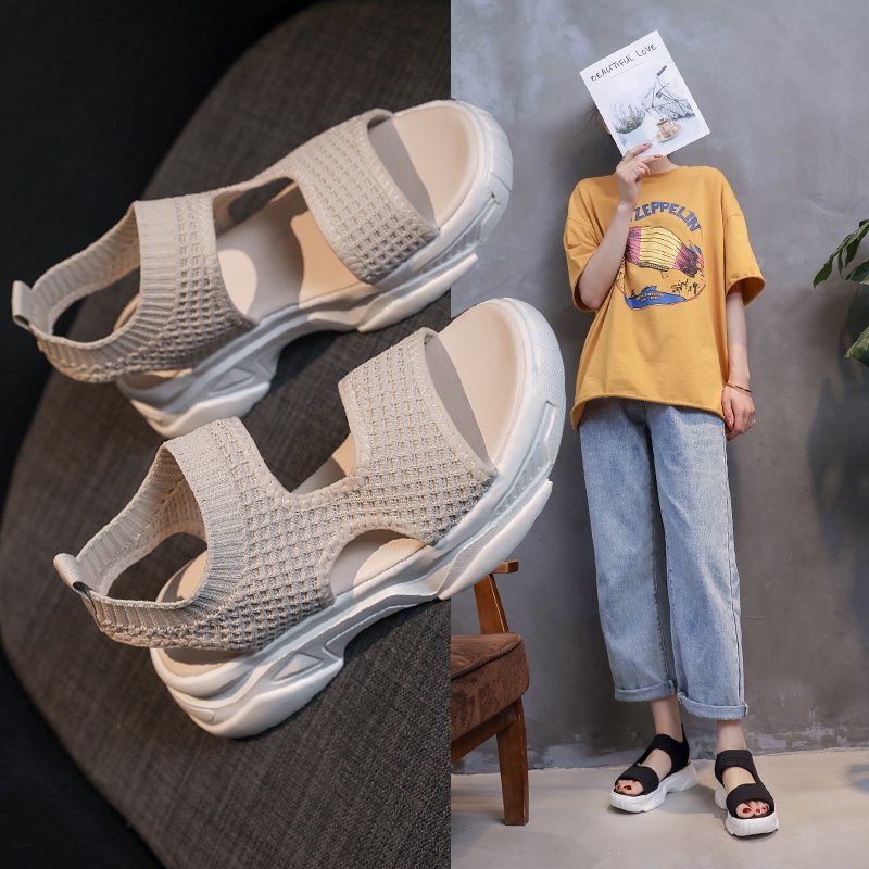 

Casual thick bottom sports sandals female 2020 summer new fashion breathable hollow sandals wild fish mouth Z1018, Beige