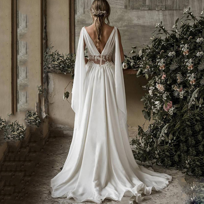 

2019 Boho Beach Wedding Dresses A Line V Neck Sleeveless Sweep Train Bridal Gowns Applique Chiffon Backless Plus Size, Ivory