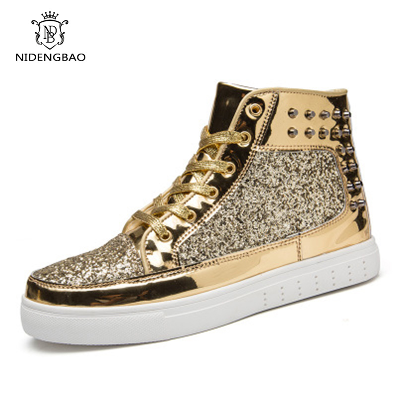 

Couple High Top Ankle Boots Man Rivet Punk Style Men Shoes Fashion Night Club Bling Shiny Footwear Man Casual Drop Shipping, Silver