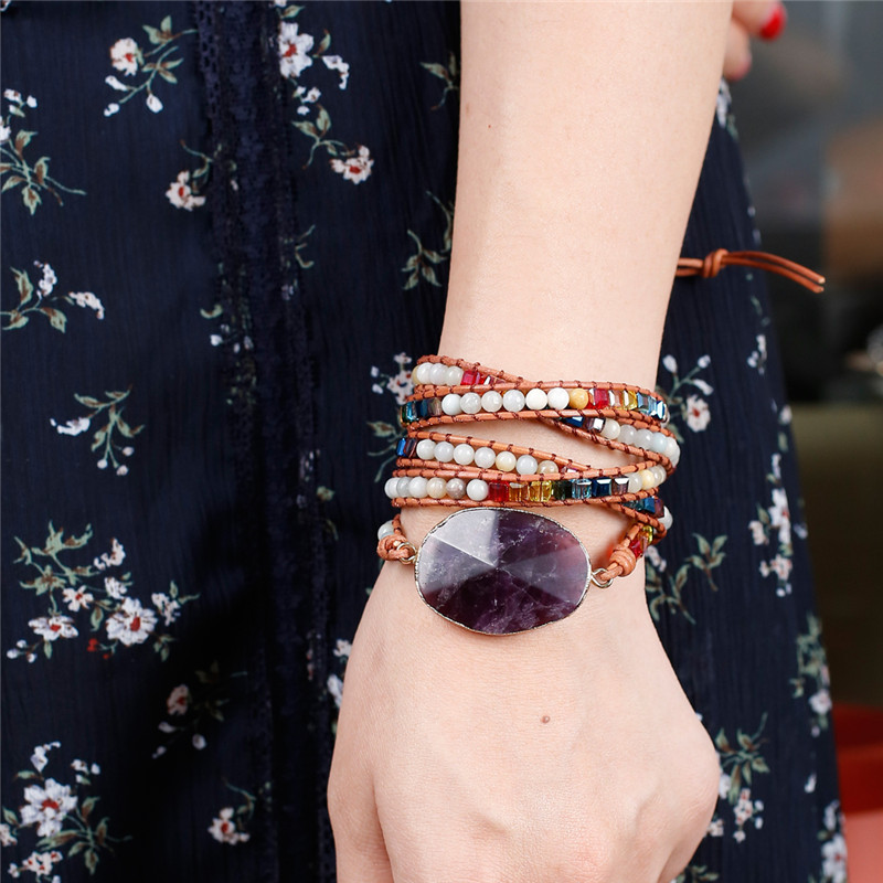 

Newest Unique Chakra Natural Stones Charm 5 Strands Wrap Bracelets Handmade Boho Bracelet Women Leather Bracelet