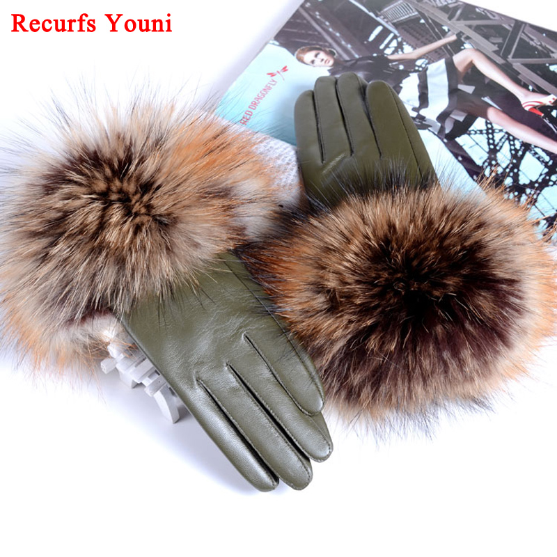 

RYG2104 New Woman Genuine Leather Raccoon Fur Gloves Female European Thin Lining Black/Dark Red/Arm Green Driving Luvas