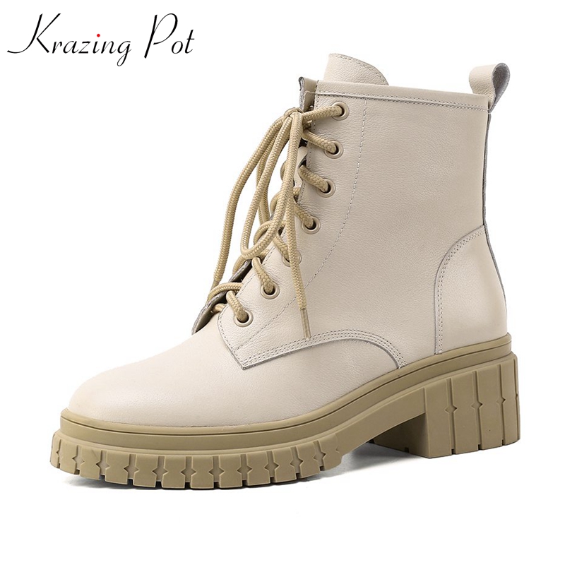 

Krazing pot genuine leather lace up elegant round toe western boots winter keep warm thick high heels leisure ankle boots L01, Beige