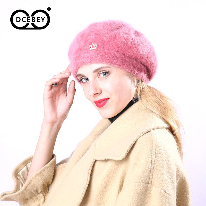 

DCEBEY Winter Warm Chic Crown Solid For Women Ear Protector Slouchy Hat Ladies Female Fashion Beret Hat Cashmere Cap, Red