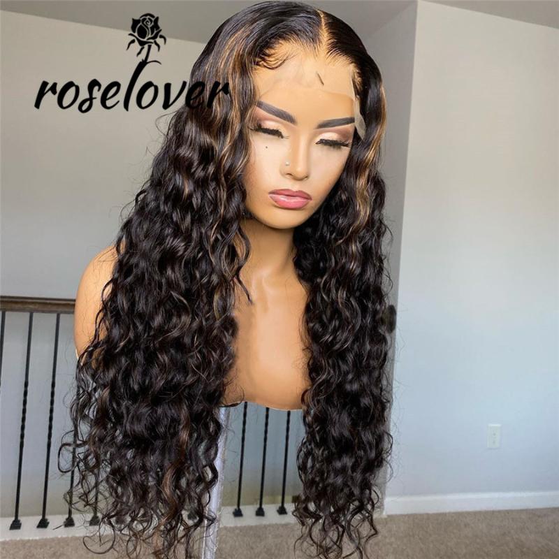 

Roselover 180% Highlight Curly Lace Wig for Black Women 4*4 lace Closure Wig Bleached Knots Remy Human Hair Pre Plucked, As pic