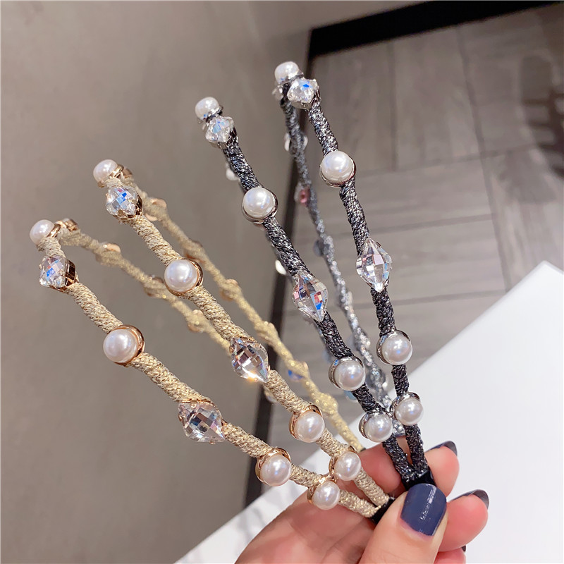 

Korea Double Row Rhinestone Pearl Hairband Women Thin Chic Outdoors All Match Girls Headwear Vintage Headband Court Queen 2020