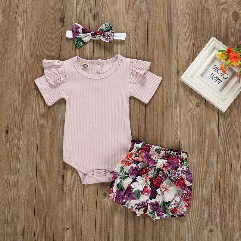 

Baby Girls Sets Short Sleeve Summer Outfits Romper Jumpsuit+floral Printed Shorts Sets Newborn Baby Girl Clothes Outfits, Purple