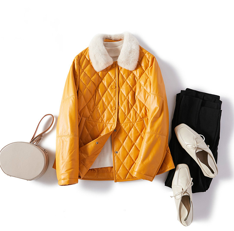 

Fashion High Quality Real Sheepskin Leather Women's Down Jacket Collar Female Winter Parkas Women Coats Ropa Zjt291, Yellow