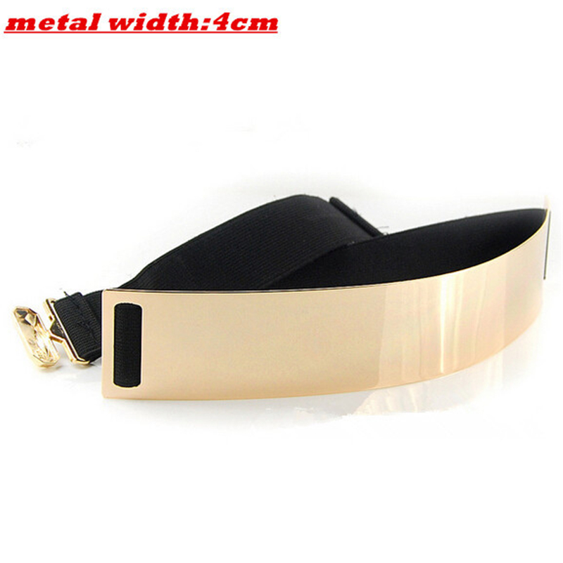 

New Fashion Women's belt Elastic Mirror Metal Waist Belt Metallic Glisten Gold Plate Wide Obi Band for Women Female Accessories, Black