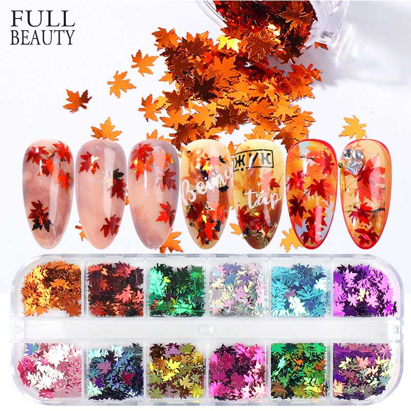 

12 Grids Manicure Nail Design Glitter Flakes Red Yellow Multi-colored Fall Sequin Gel Polish Nail Accessory CHFY-1