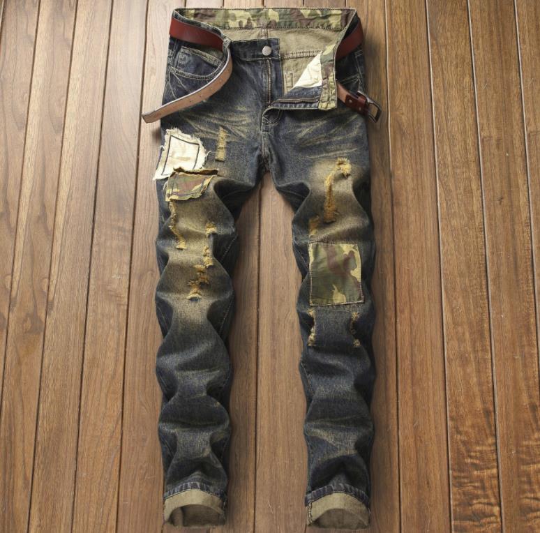 

patches Men's camouflage destressed cotton denim biker vintage blue male patchwork ripped beggar hole straight jeans pants