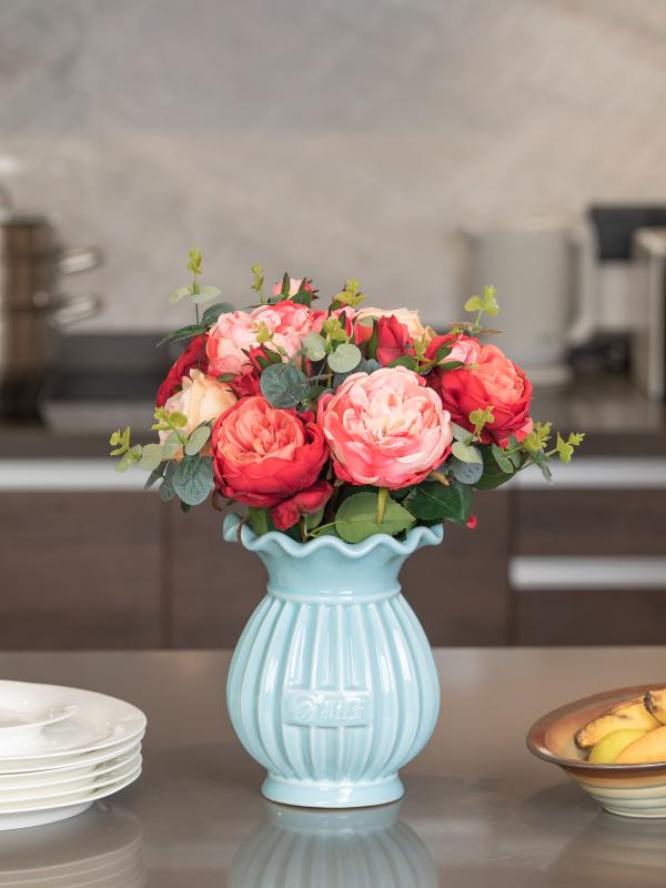 

High Quality Hand Touch Artificial Kasha Rose ceramic Potted Set Fake Floral Decorative for dinning desk living room decor, As pic