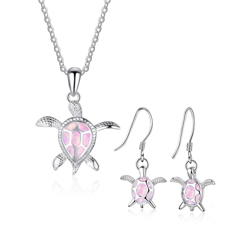 

New Cute Sea Turtle Necklace Earrings jewelry set Trendy Animal Fire Opal Stud Earring for girl women best gift, Customize