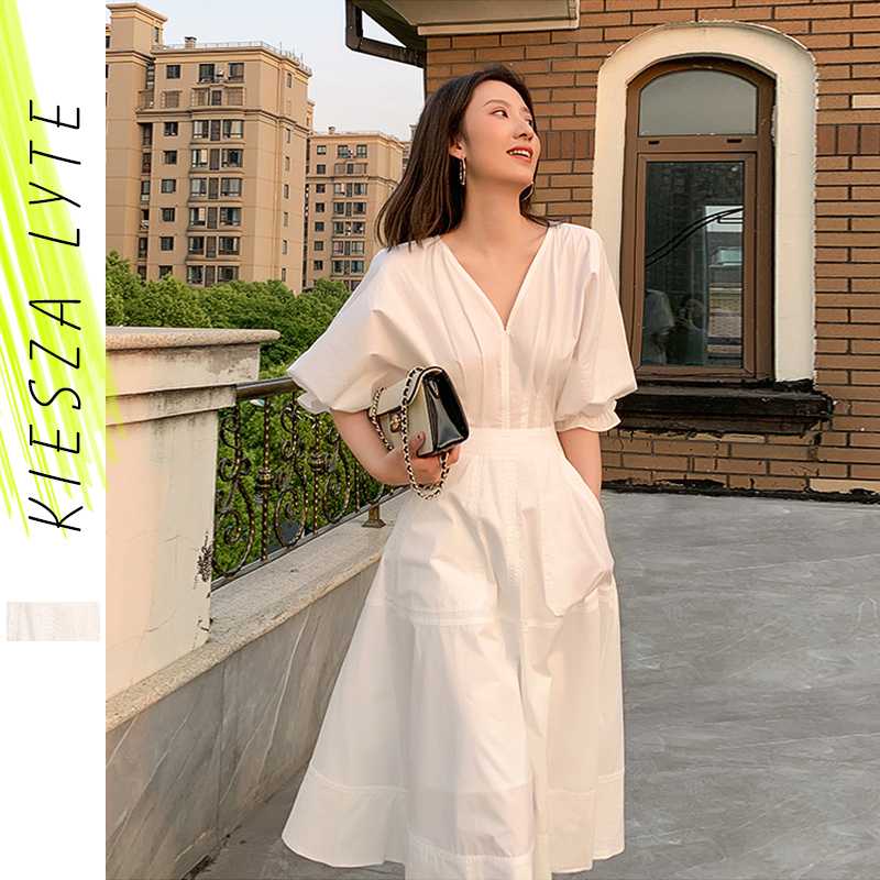 

Women vintage french Style dress 2020 summer ranway hepburn style white bubble sleeve v neck A line dresses vestidos