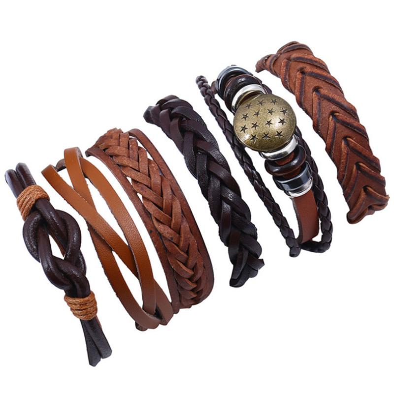 

Punk Rock Star Wide Wristbands Genuine Leather Bracelets Set Unisex Retro Alloy Charm Ethnic Bangle Wrap Fashion Vintage Jewelry