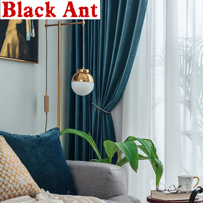 

Nordic Modern Smog Blue Thick Velvet Blackout Curtains Fabric Bedroom Living room French Light Luxury Pure Window Drapes X748#4, White tulle