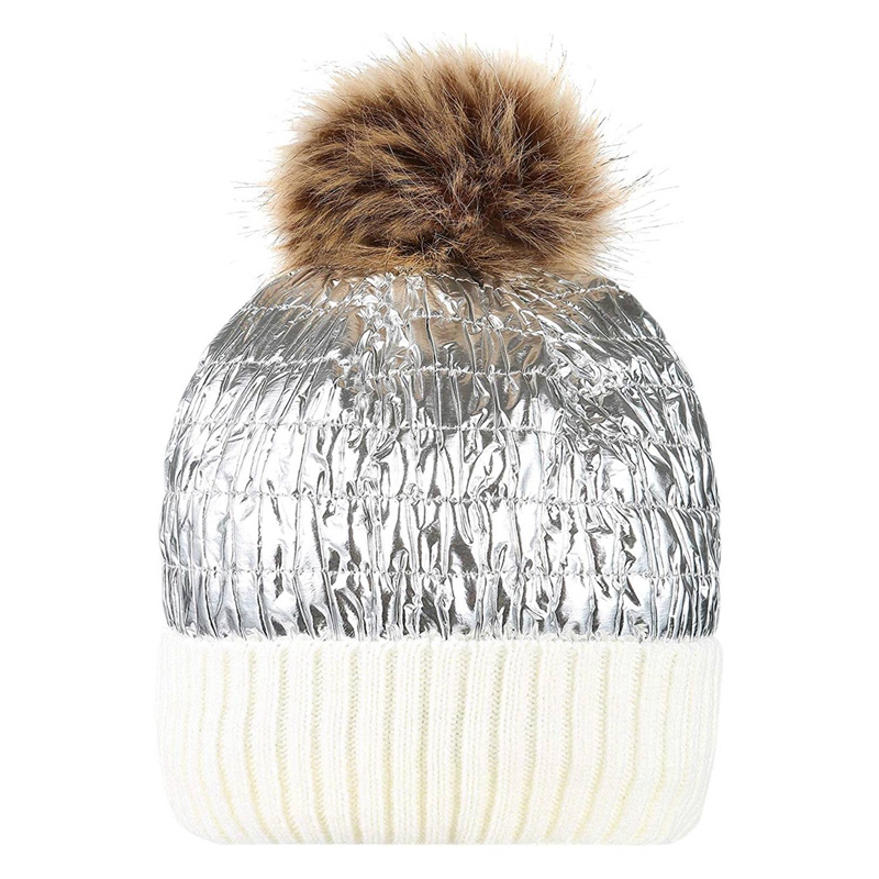 

Ms. Thick Metallic Luster Pompon Beanie Knit Winter Ski Hat, White