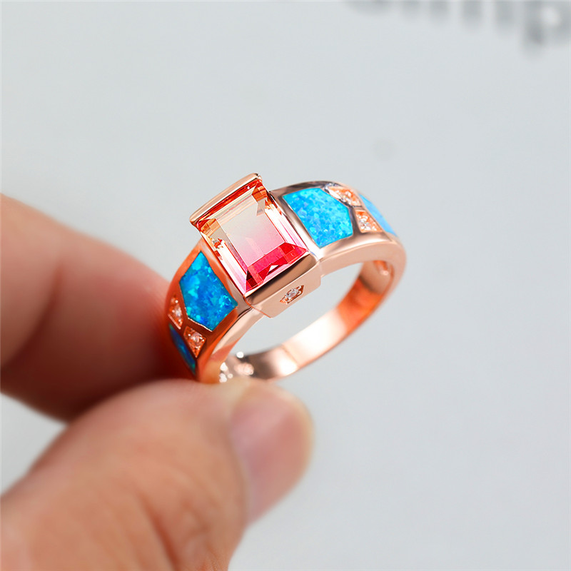 

Luxury Female Rainbow Crystal Stone Ring Rose Gold Silver Color Wedding Rings For Women Vintage Crystal Square Engagement Ring