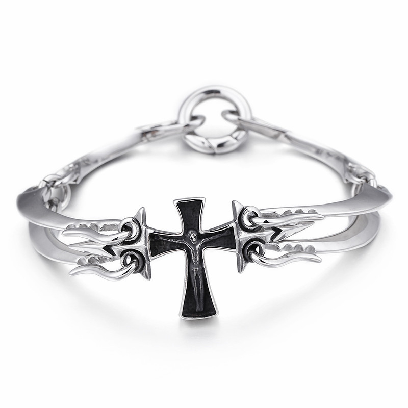 

21cm Stainless Steel Cross Jesus Charm Bracelet For Men Religious Crucifix Christain Prayer Bracelet & Bangle Jewelry