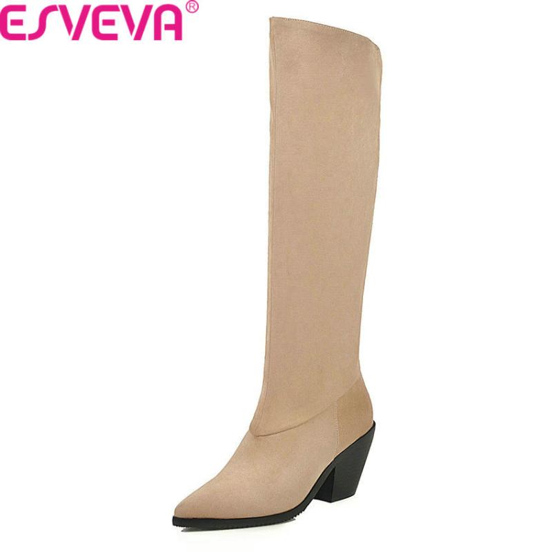 

ESVEVA 2020 Square High Heel Sexy Pointed Toe Slip on Women Shoes Autumn Winter Flcok Concise Over-the-Knee Boots Big Size 34-43, Black