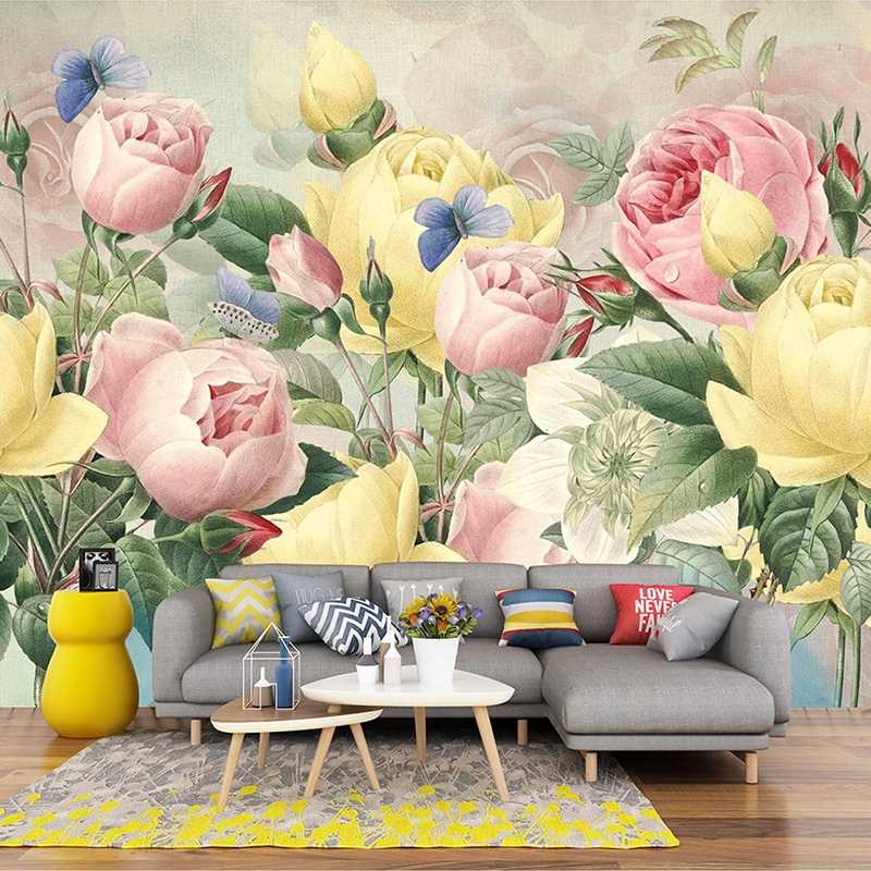 

Custom Photo Mural 3D Hand Painted Rose Floral Flower Wall Painting Romantic Pastoral Living Room Sofa Bedroom Wallpaper Murals, As pic