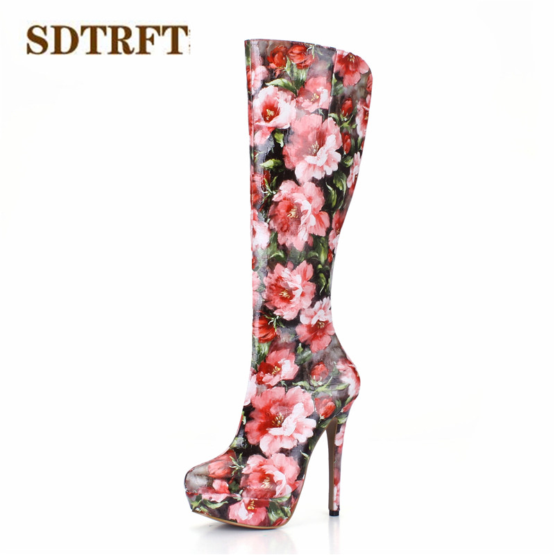

SDTRFT Stilettos 14cm thin heeled Motorcycle Knee-High boots platforms shoes Woman Zipper Botas Red Flowers pumps Plus:35-40, Multi