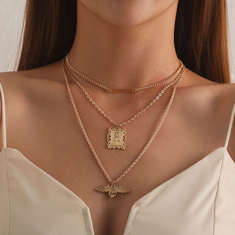

Vintage Multilayer Necklace Rose Flower Angel Heart Pendant Necklace Women Fashion Geometric Clavicle Jewelry Kolye
