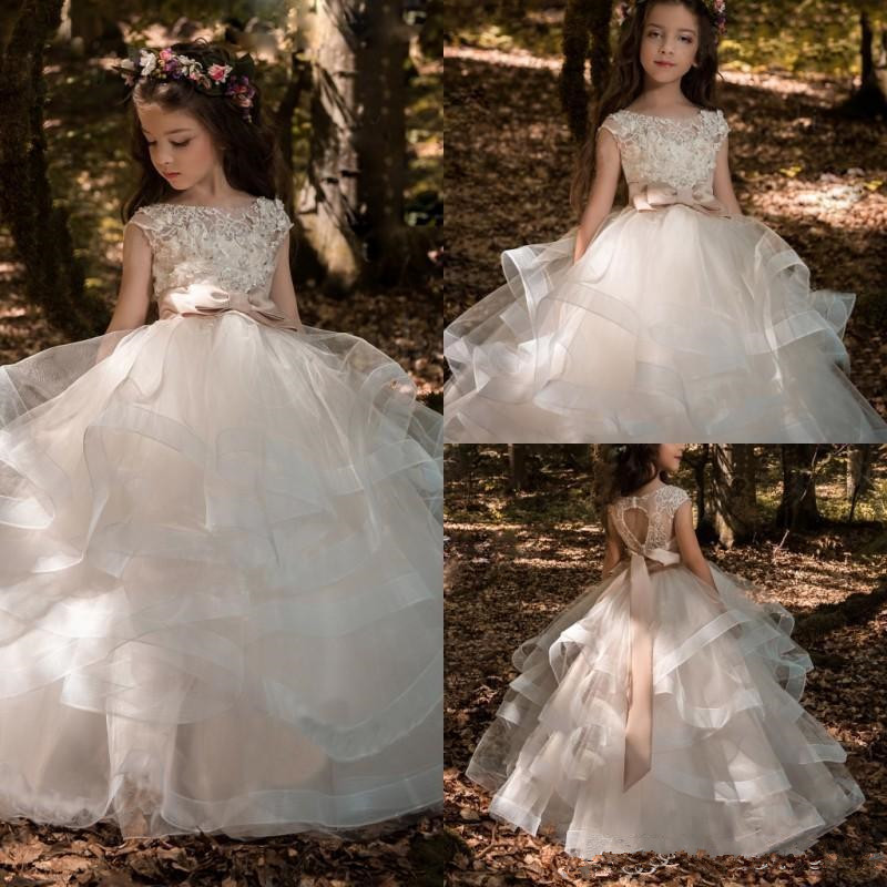 

Floral Lace Flower Girl Dresses Ball Gowns Child Pageant Dresses Long Train Beautiful Little Kids FlowerGirl Dress Formal, Khaki