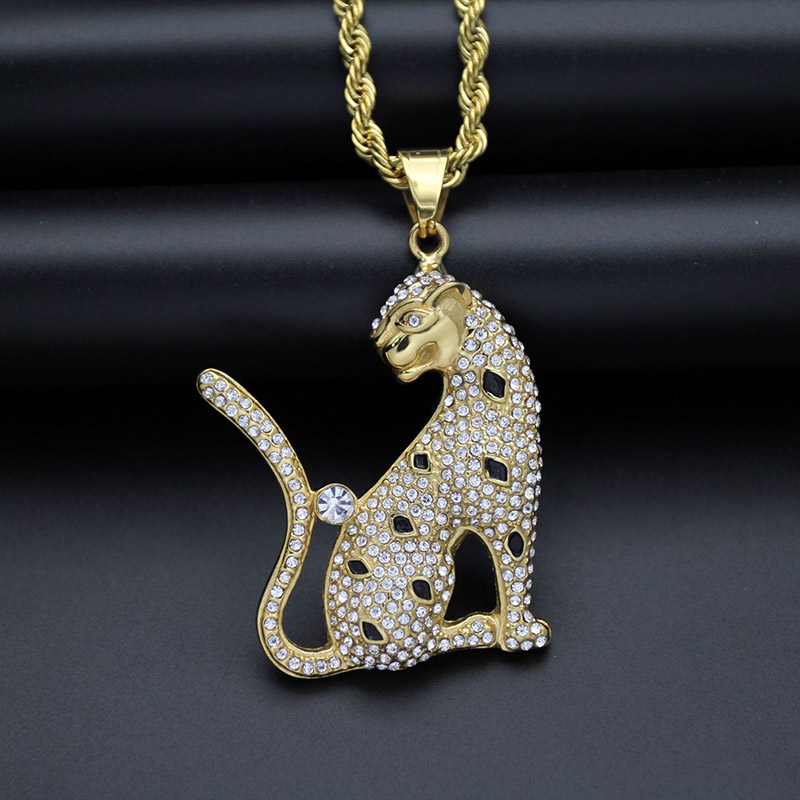 

Hip Hop Rhinestones Paved Bling Iced Out Stainless Steel Cheetah Leopard Animal Pendants Necklaces for Men Rapper Jewelry