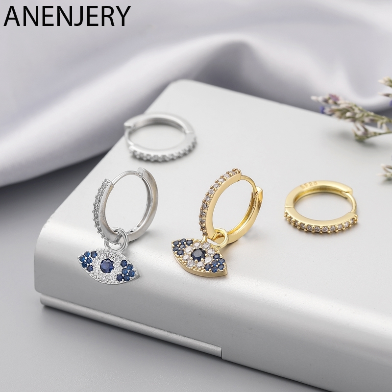 

ANENJERY Micro Zircon Eye Earrings Asymmetric Charms Hoop Earrings For Women Man Girls Korean Jewelry S-E1131