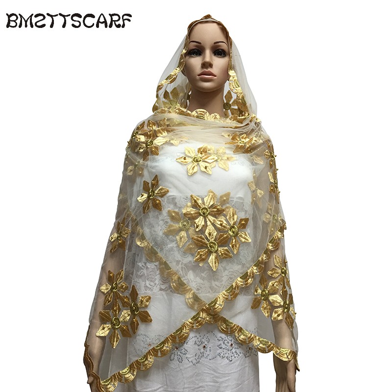 

New african scarfs muslim embroidery women Net Small Scarf with Beads small size tulle material soft scarf for shawls