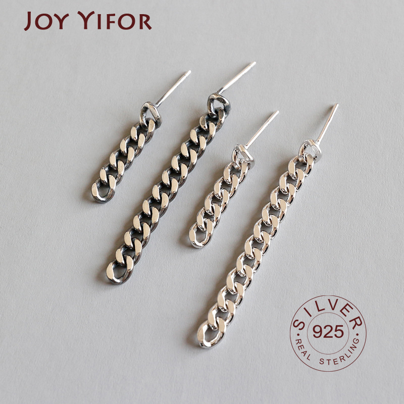 

100% 925 Sterling Silver Jewelry Long Personality Twist Chain Pendant Asymmetric Drop Earrings for Women oorbellen