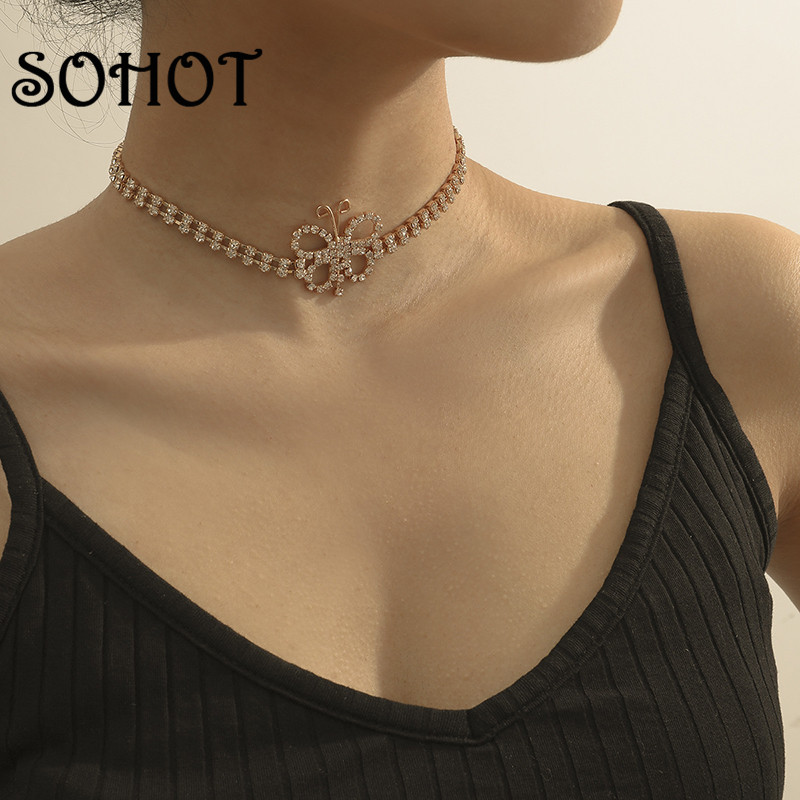 

Chokers SO Romantic Imitation Crystal Double Layer Cute Hollow Butterfly Shape Women Choker Necklace Chic For Female Party Jewelry