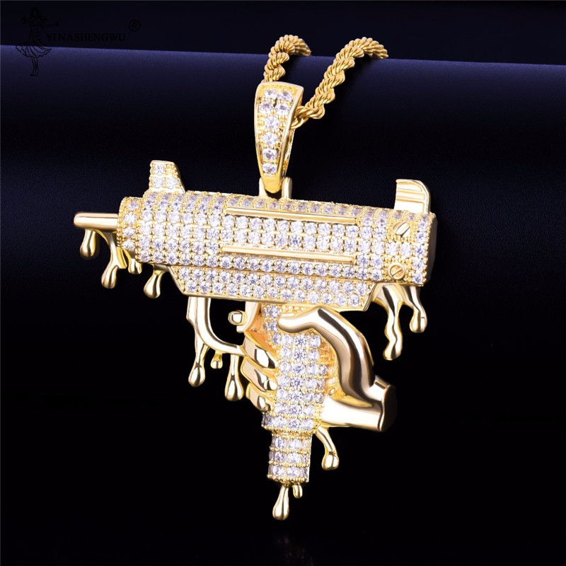 

Bling Cubic Zirconia Uzi Gun Pendant Hip Hop Iced Out Submachine Gun Necklace For Men Hand Holding Dripping Rock Jewelry
