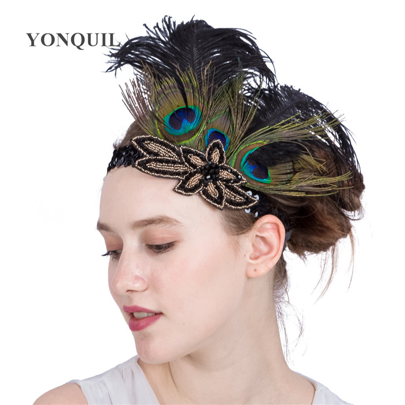 

New arrival Multi-colors Peacock feathers Hair Accessories Black Sequin headband Party Headpiece Women Flapper Feather headbands SYF179